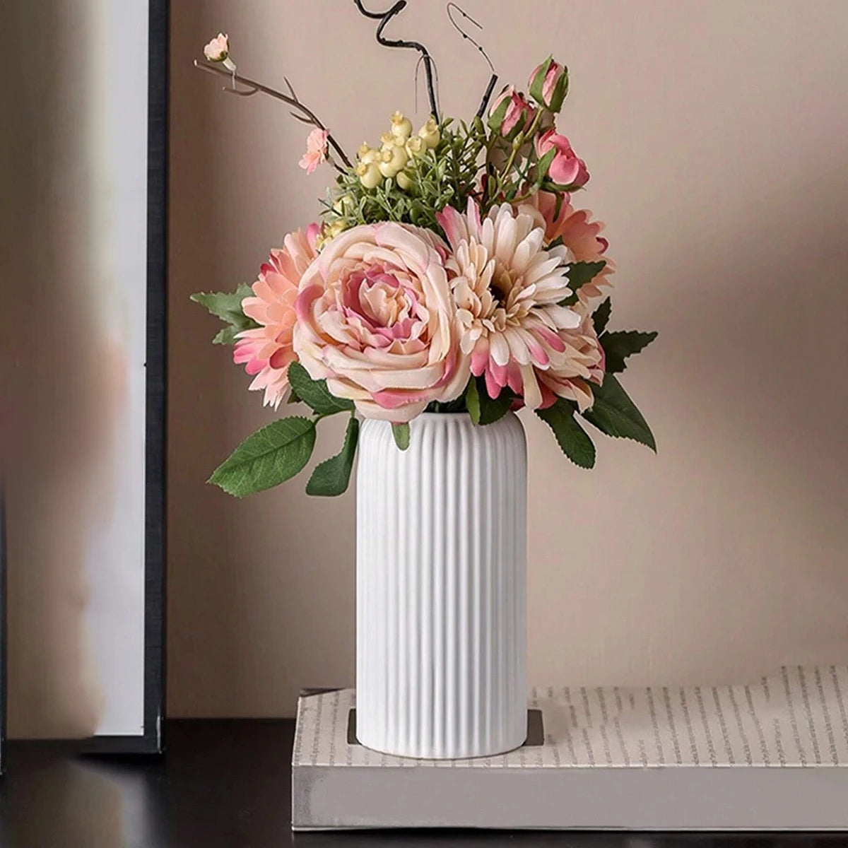 Striped Ceramic-Style Plastic Vase