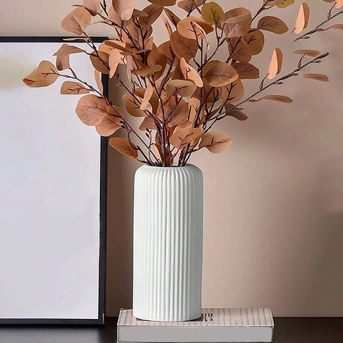 Striped Ceramic-Style Plastic Vase