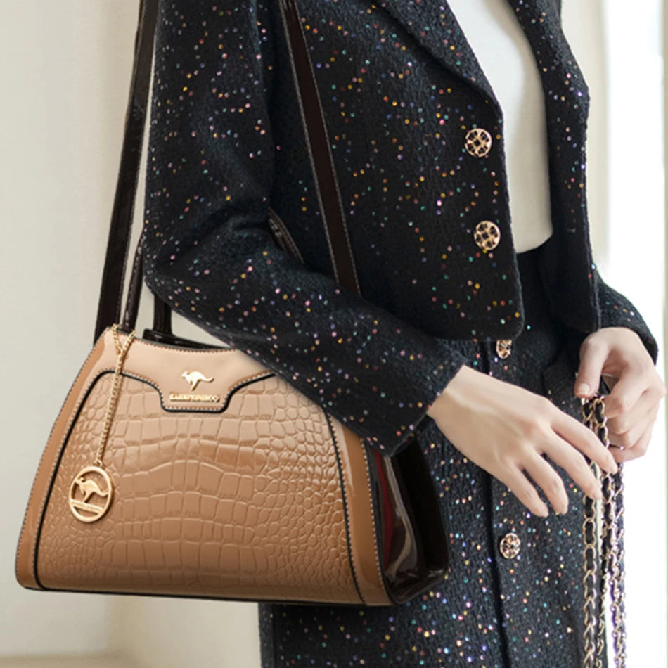 Luxury Crocodile Pattern Patent Leather Handbag