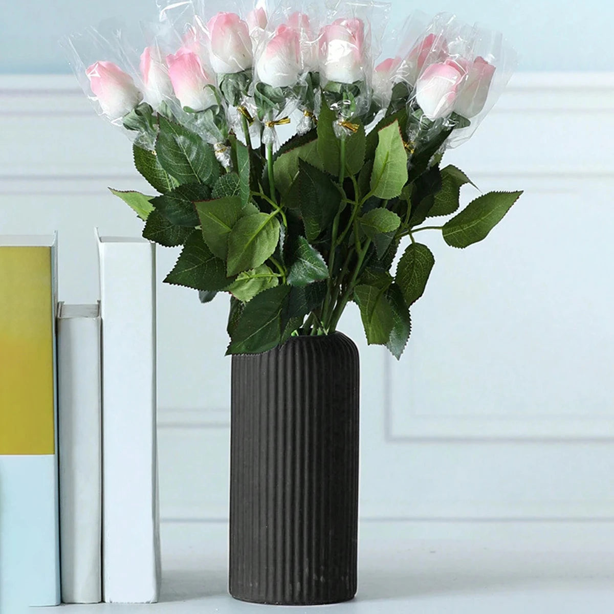 Striped Ceramic-Style Plastic Vase