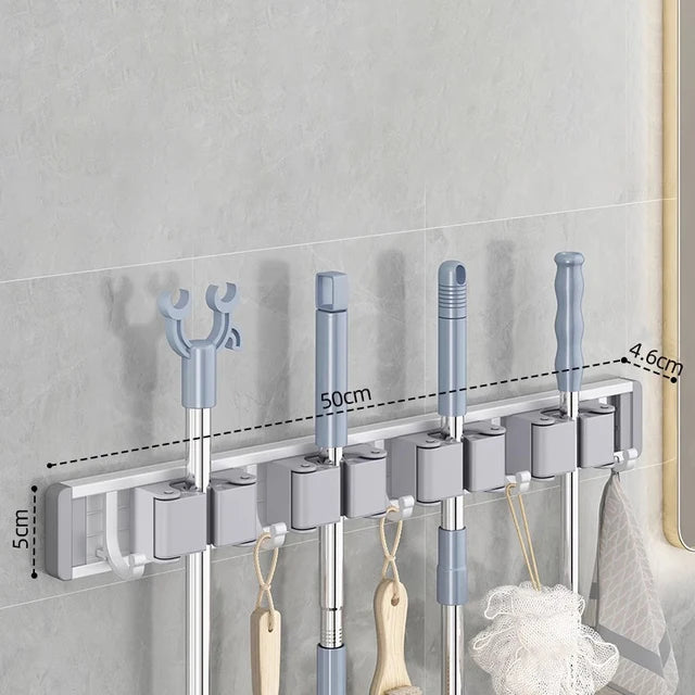 Wall-Mounted Mop and Broom Organizer with  Hooks