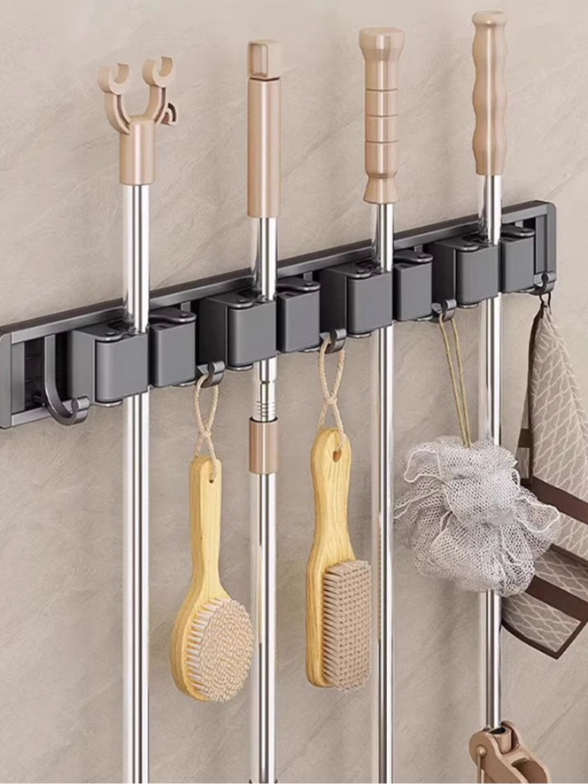 Wall-Mounted Mop and Broom Organizer with  Hooks